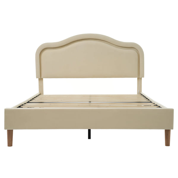 Full Size Velvet Upholstered Smart LED Bed Frame with Adjustable Height Headboard,No Box Spring Needed,Easy Assembly,Beige