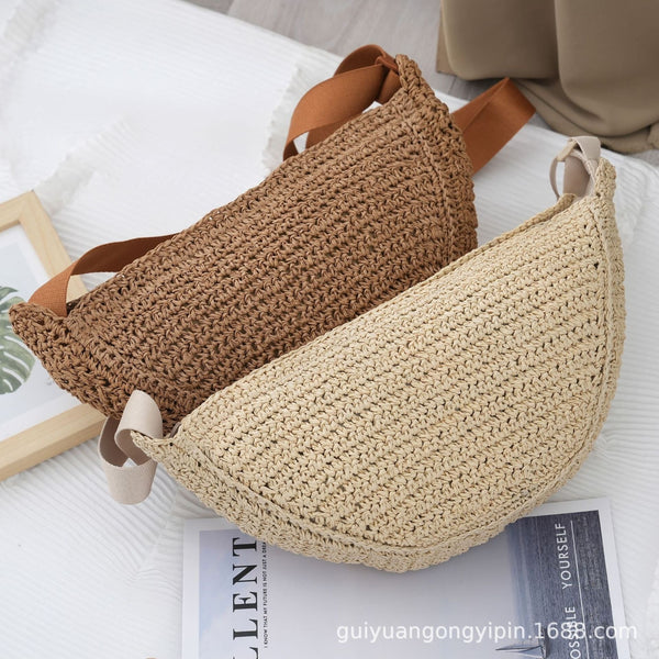 Sports Crossbody Bag Handmade Woven Dumpling Bag Breathable Semicircle Bag Versatile Rattan Bag Summer Beach Bag for Women Luxury