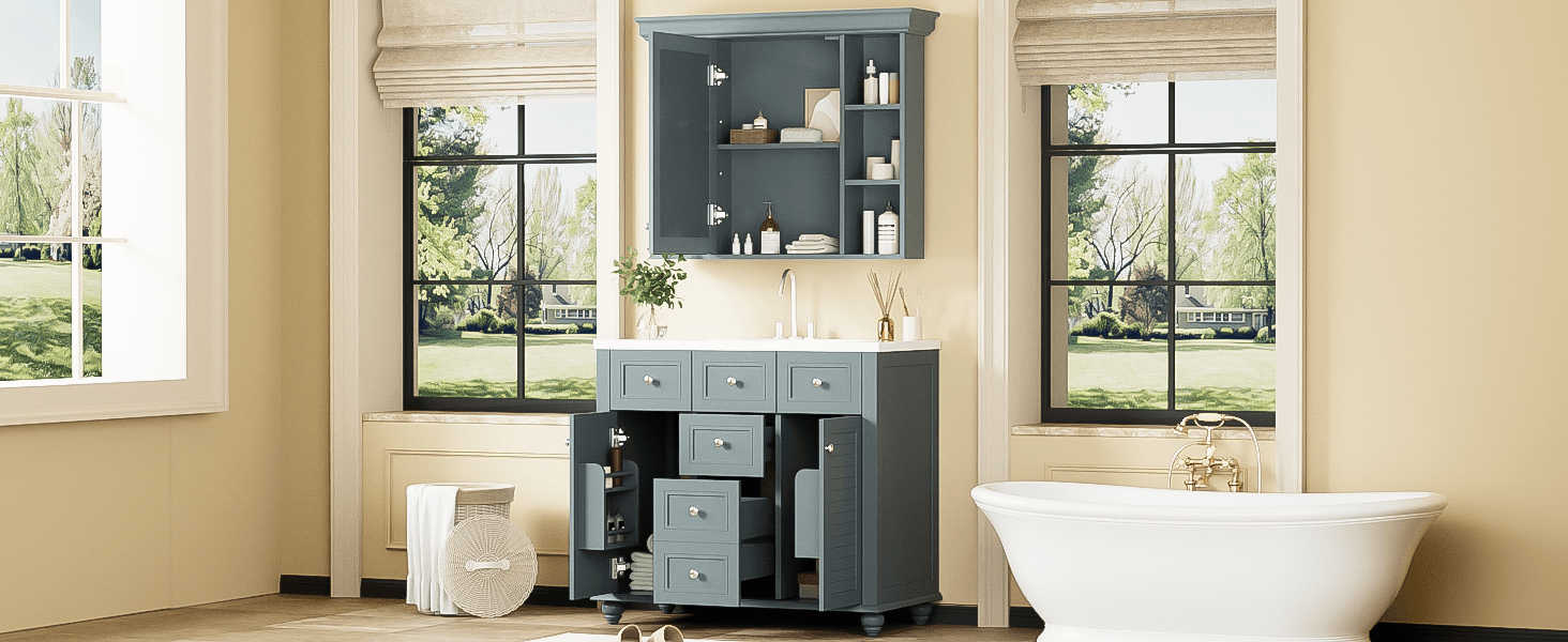 36 inch modern mirror cabinet with adjustable shelves, 2 soft closing doors, and 6 drawer storage cabinet door organizers