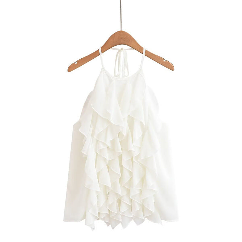 Summer New Style Women's Fashion Sexy Spaghetti Strap Ruffle Neck Tie Crop Top