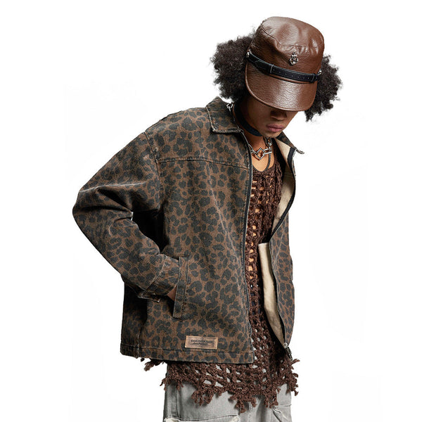 Leopard Print Denim Jacket   Style Men's Punk Spring and Autumn Loose Casual Washed Open Front Zipper Collar Outerwear