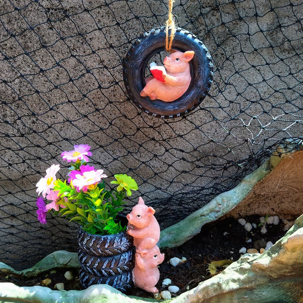 Cute Piggy Reading Tire Courtyard Garden Outdoor Hanger