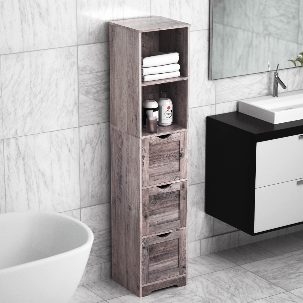 Bathroom Floor Cabinet with 3 Drawers 2 Shelves, Tall Narrow Bathroom Kitchen Pantry Storage Cabinet with Open Compartment Grey