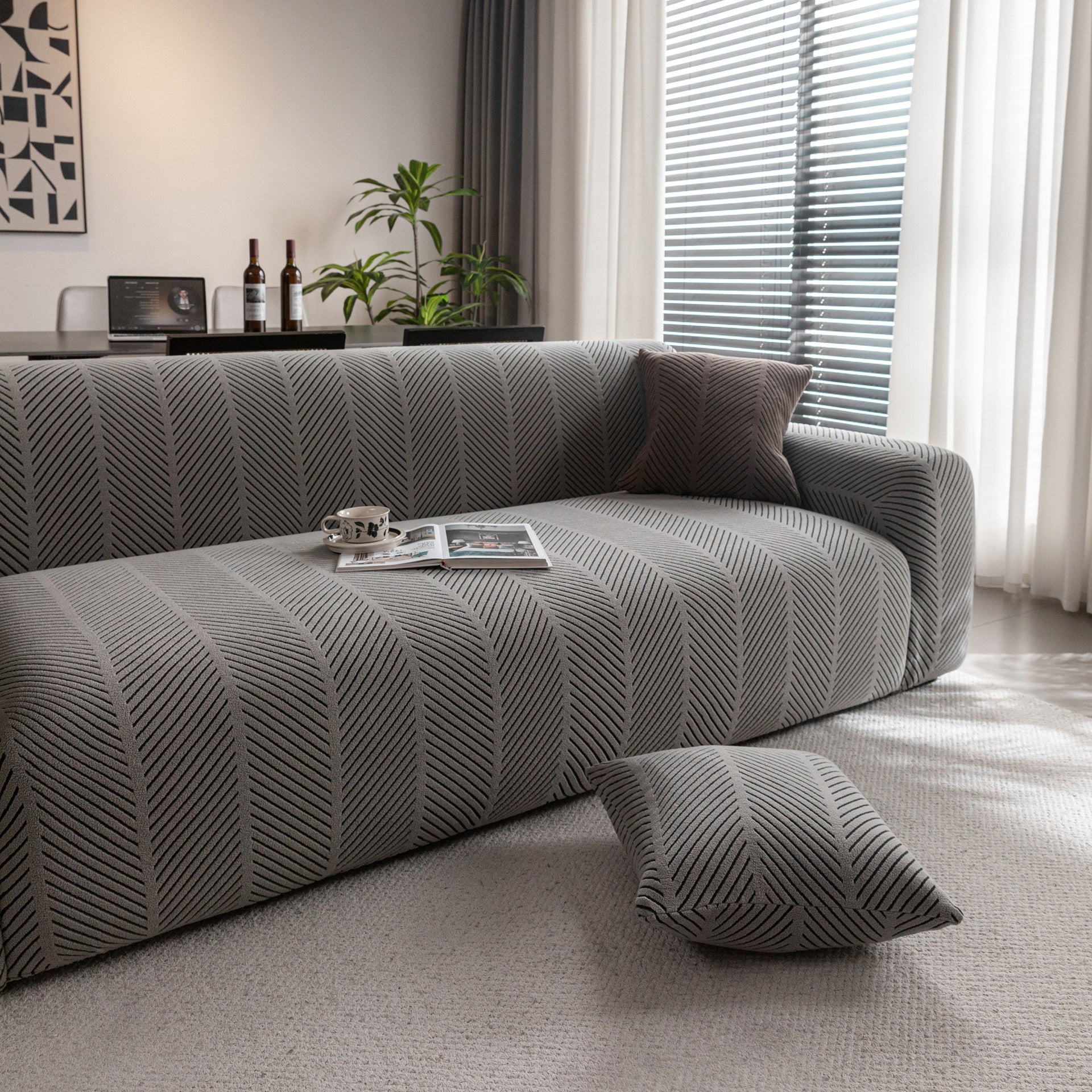High Stretch Chevron Sofa Cover, Soft Washable Textured Jacquard Slipcover for Couch