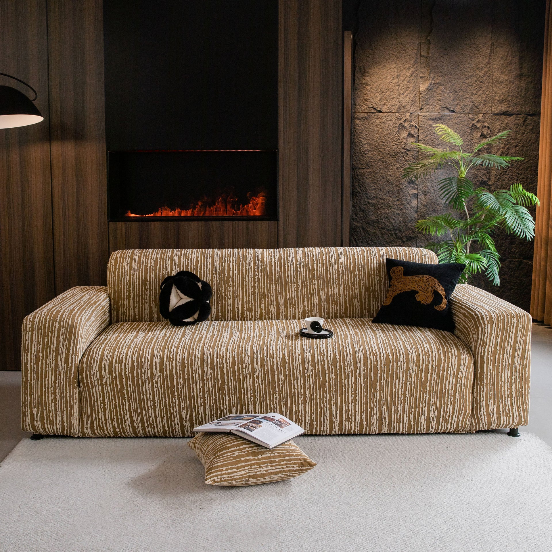 High Stretch Couch Slipcover with Abstract Stripe, Washable Non-Slip Cover for Dogs