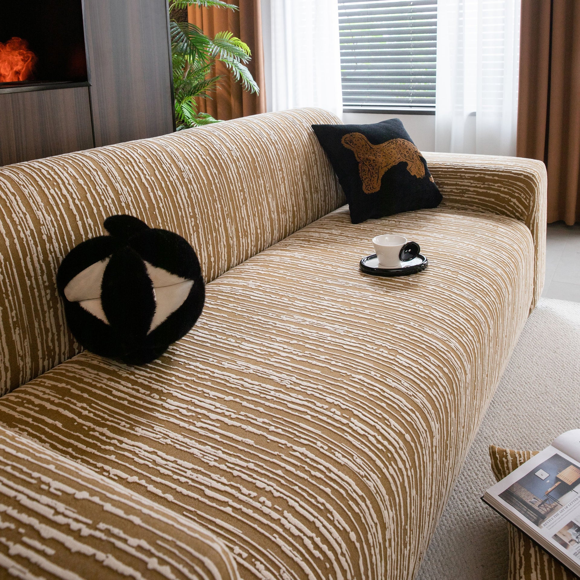 High Stretch Couch Slipcover with Abstract Stripe, Washable Non-Slip Cover for Dogs