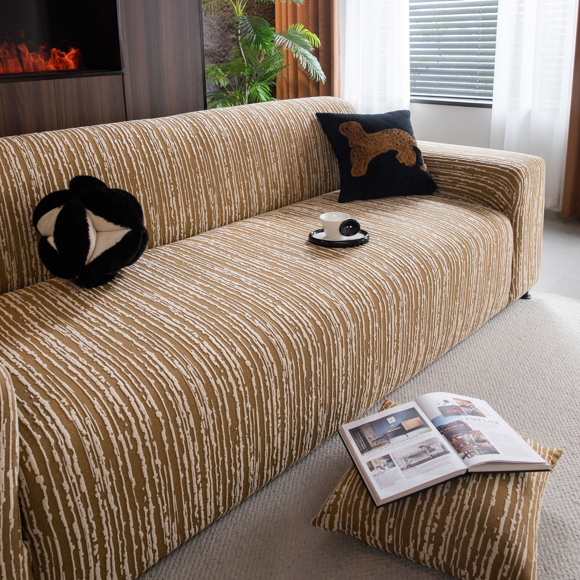 High Stretch Couch Slipcover with Abstract Stripe, Washable Non-Slip Cover for Dogs