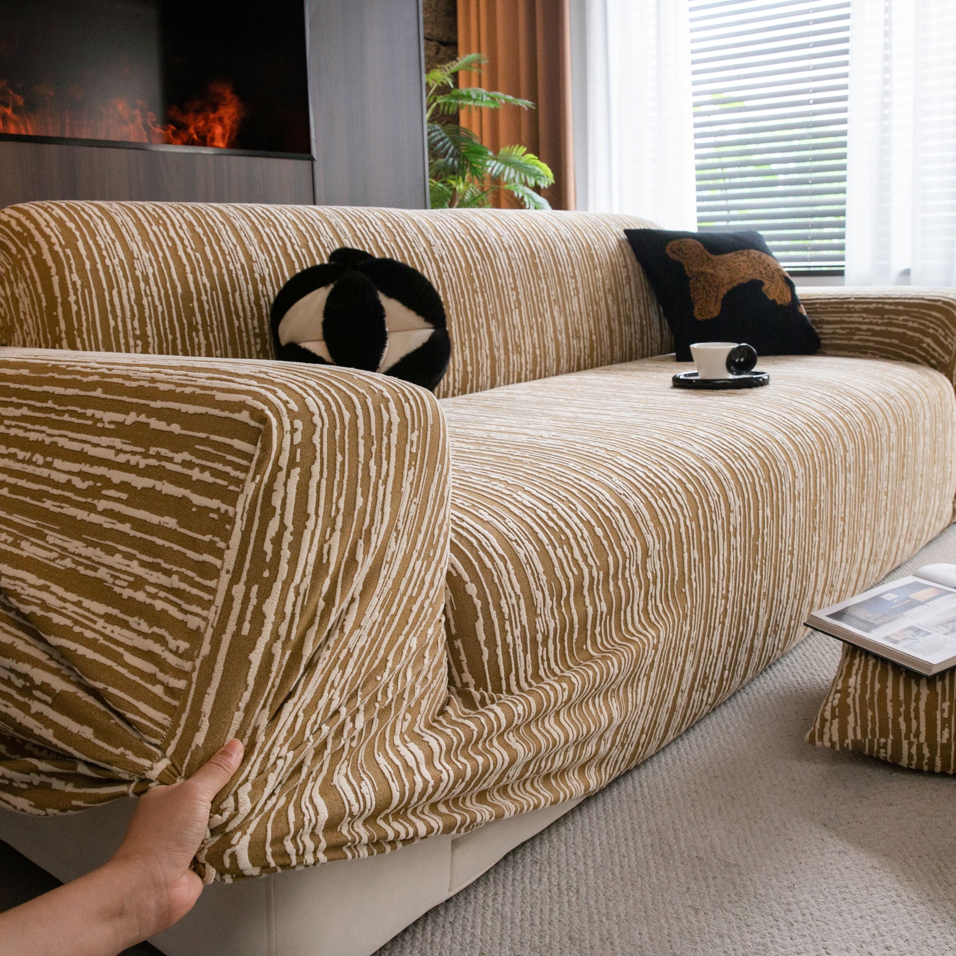 High Stretch Couch Slipcover with Abstract Stripe, Washable Non-Slip Cover for Dogs