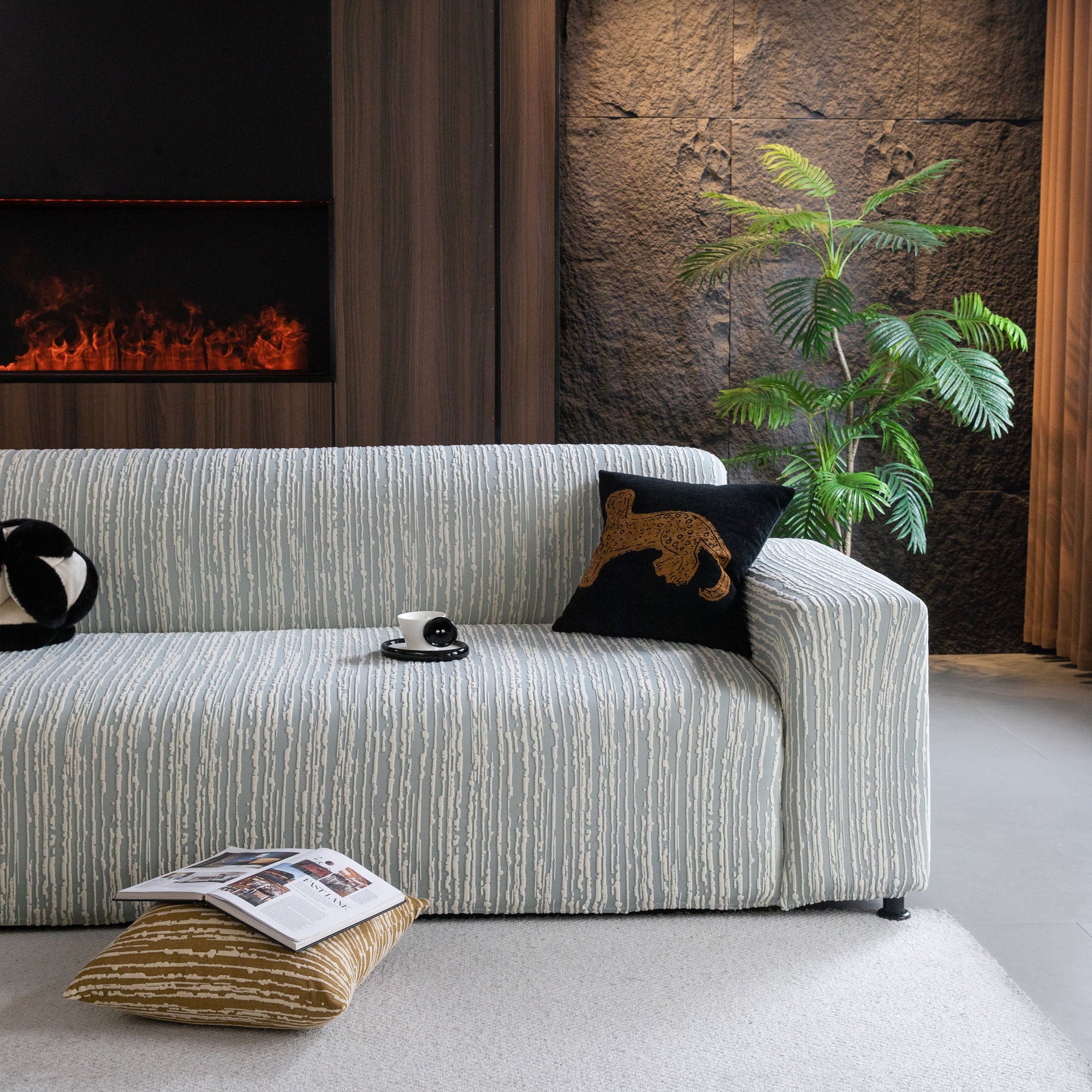 High Stretch Couch Slipcover with Abstract Stripe, Washable Non-Slip Cover for Dogs