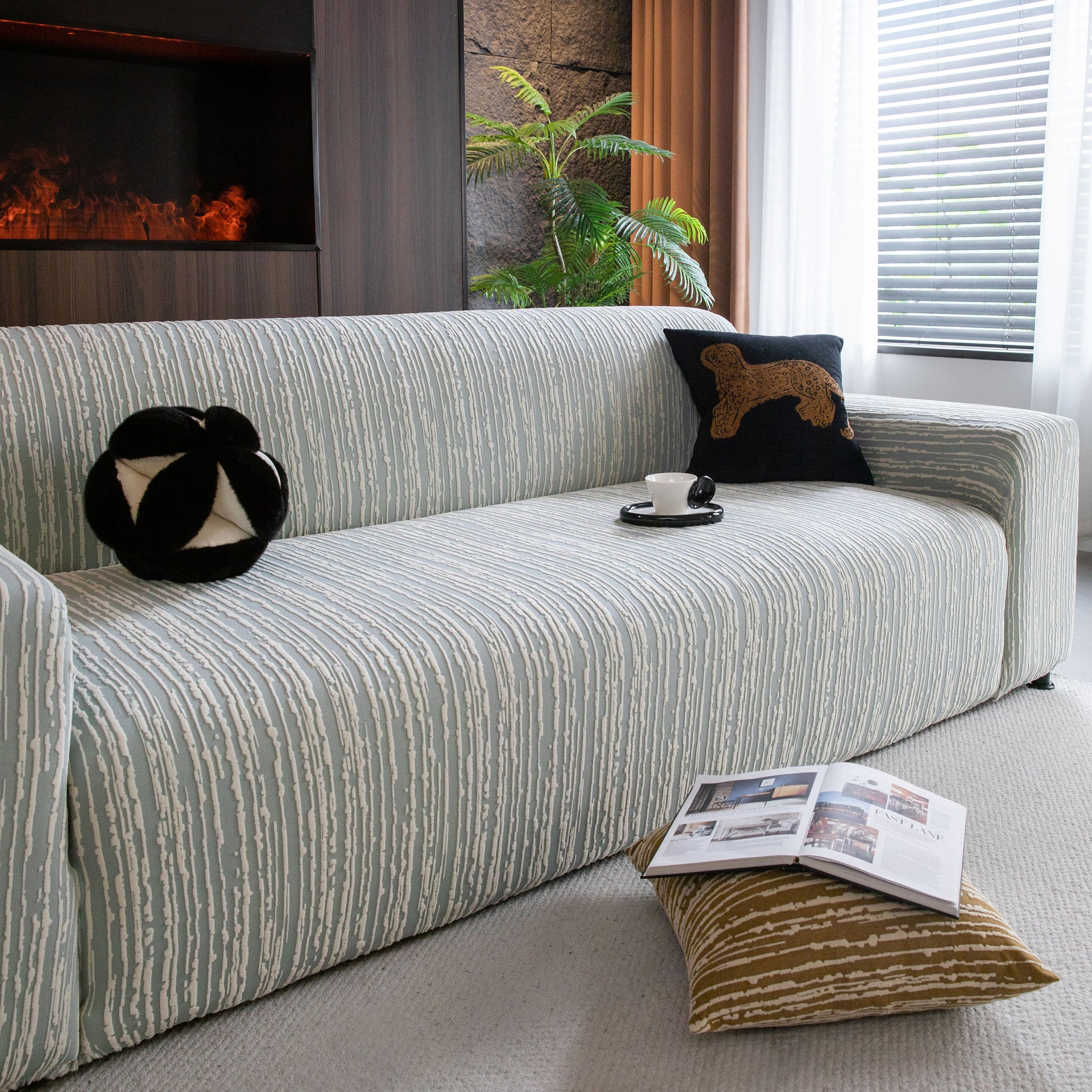 High Stretch Couch Slipcover with Abstract Stripe, Washable Non-Slip Cover for Dogs