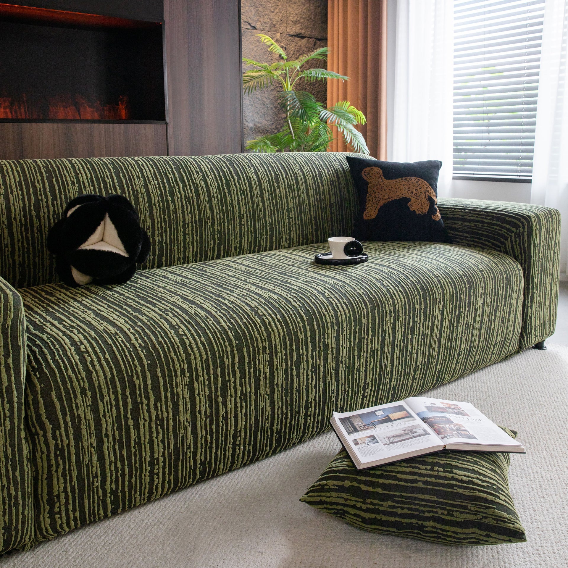 High Stretch Couch Slipcover with Abstract Stripe, Washable Non-Slip Cover for Dogs