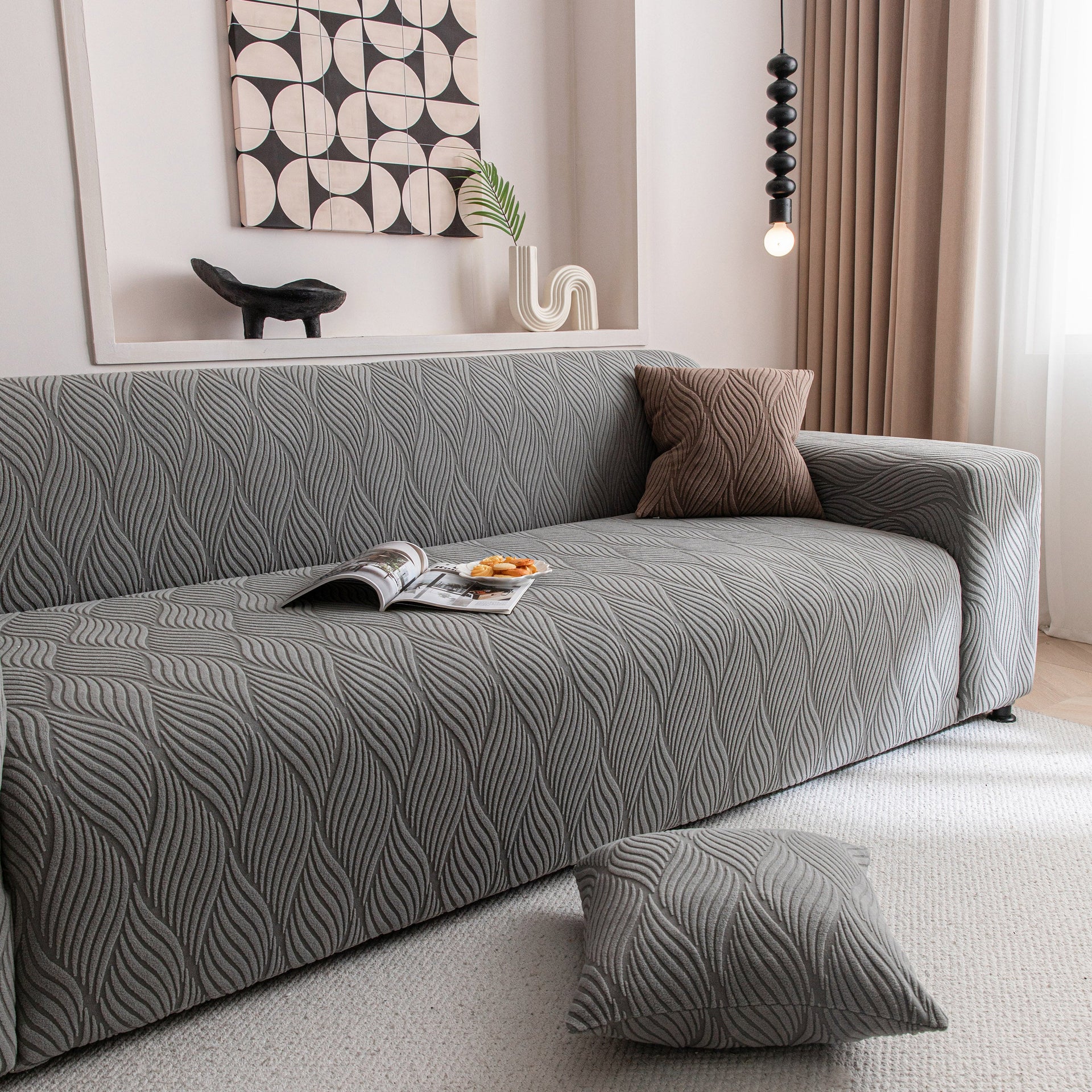 Modern Wavy Jacquard Sofa Slipcover, High Stretch Sofa Cover with 3D Organic Texture
