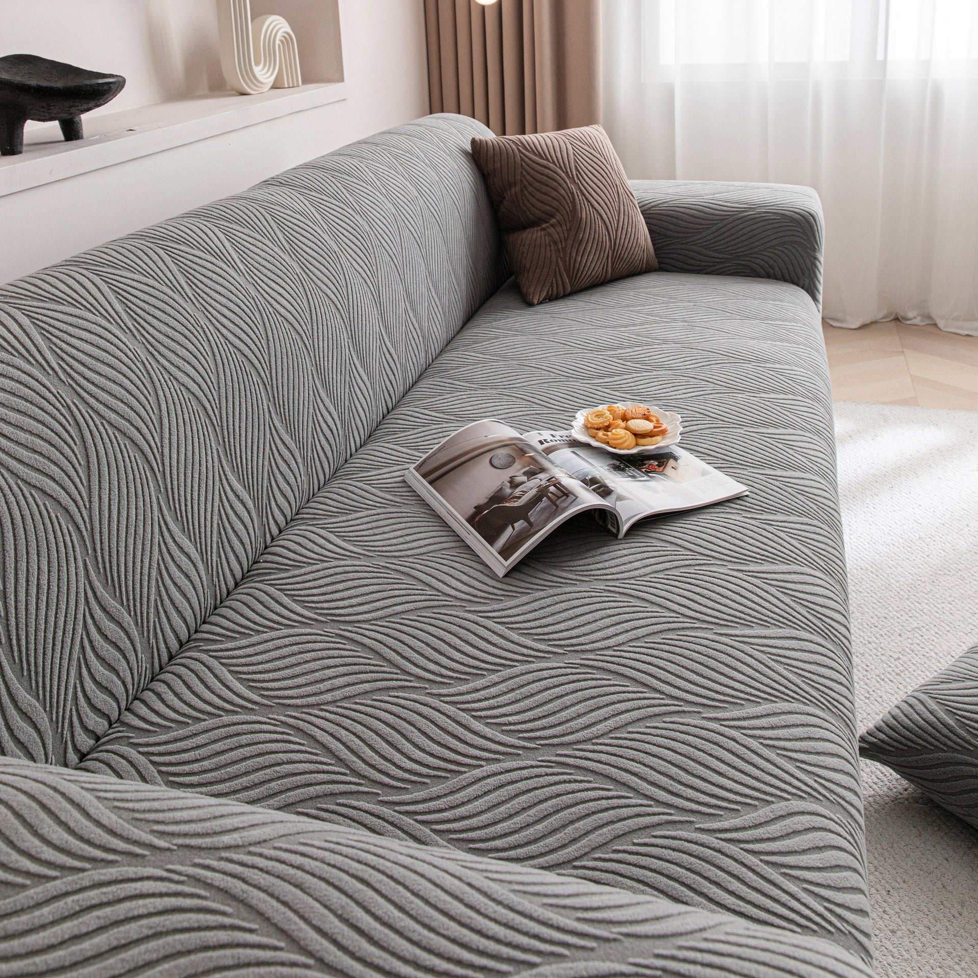 Modern Wavy Jacquard Sofa Slipcover, High Stretch Sofa Cover with 3D Organic Texture