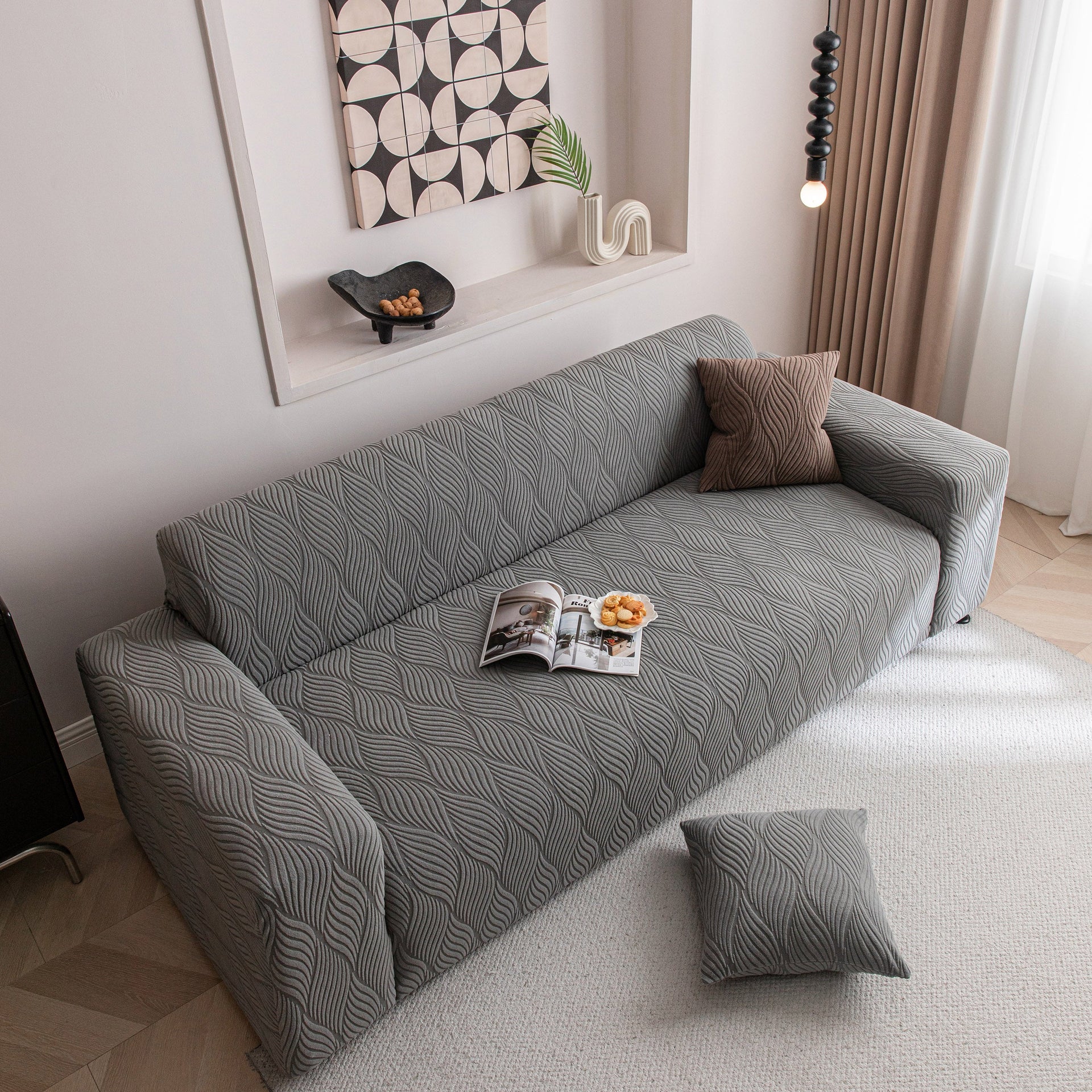 Modern Wavy Jacquard Sofa Slipcover, High Stretch Sofa Cover with 3D Organic Texture