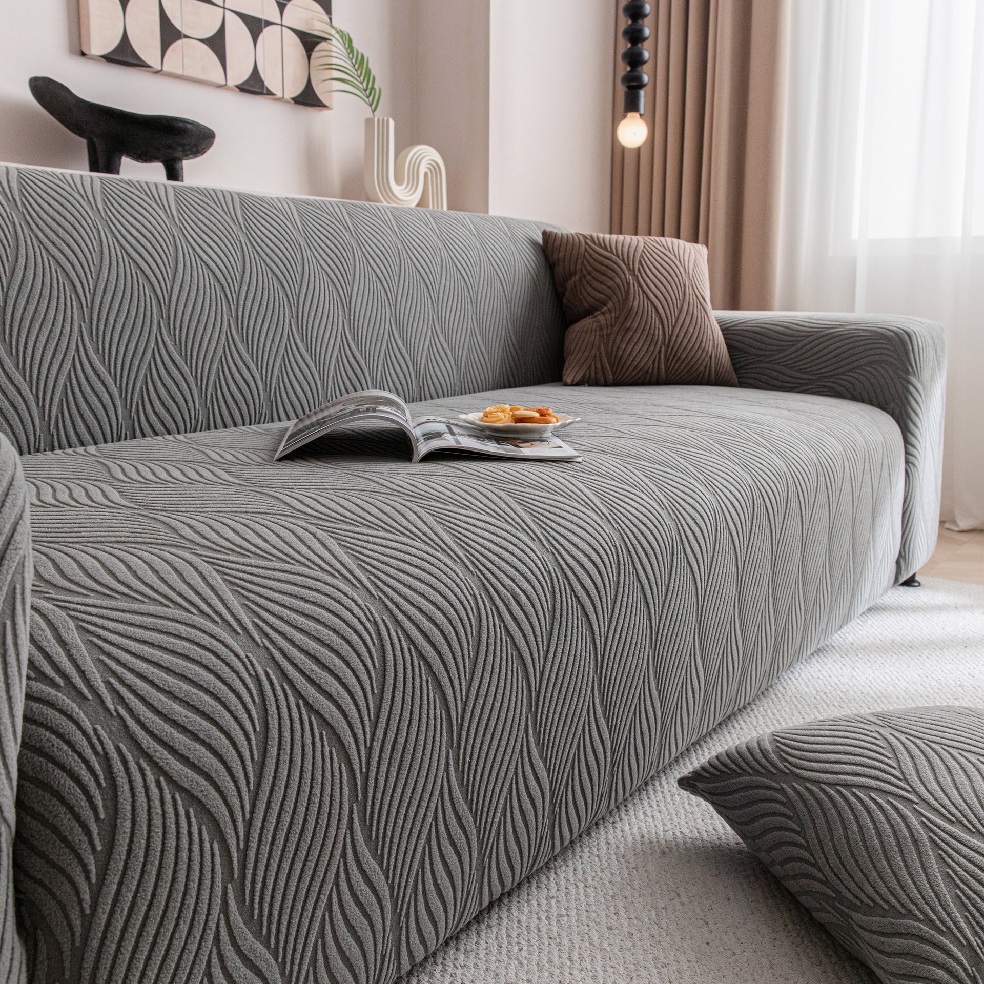 Modern Wavy Jacquard Sofa Slipcover, High Stretch Sofa Cover with 3D Organic Texture