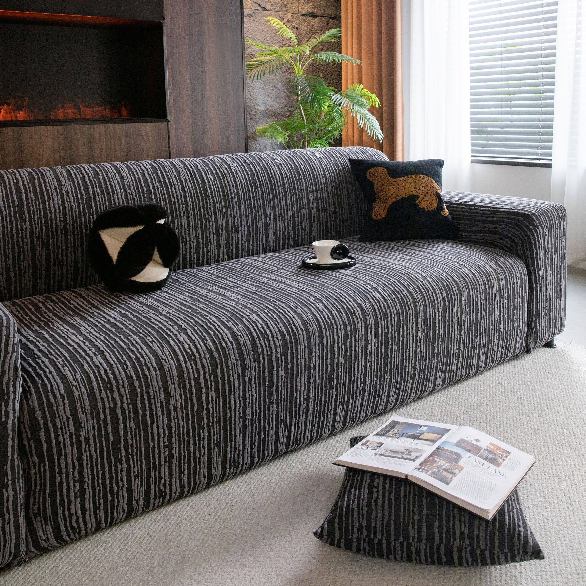 High Stretch Couch Slipcover with Abstract Stripe, Washable Non-Slip Cover for Dogs