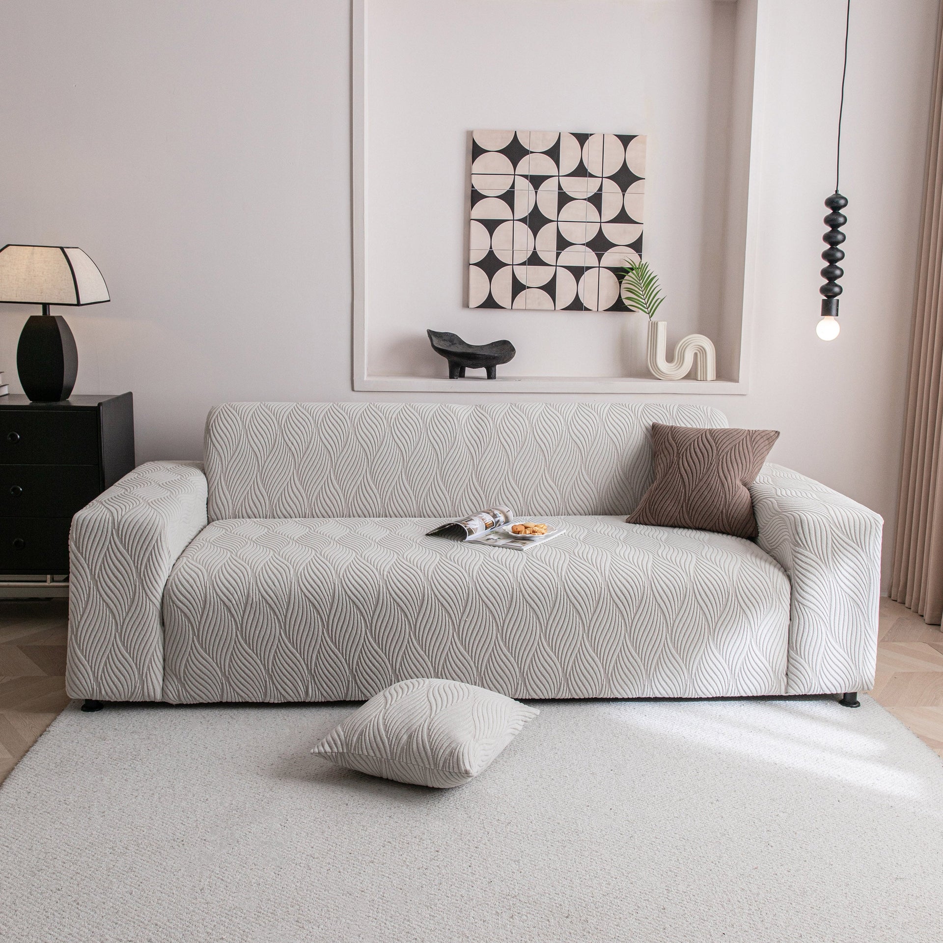 Modern Wavy Jacquard Sofa Slipcover, High Stretch Sofa Cover with 3D Organic Texture