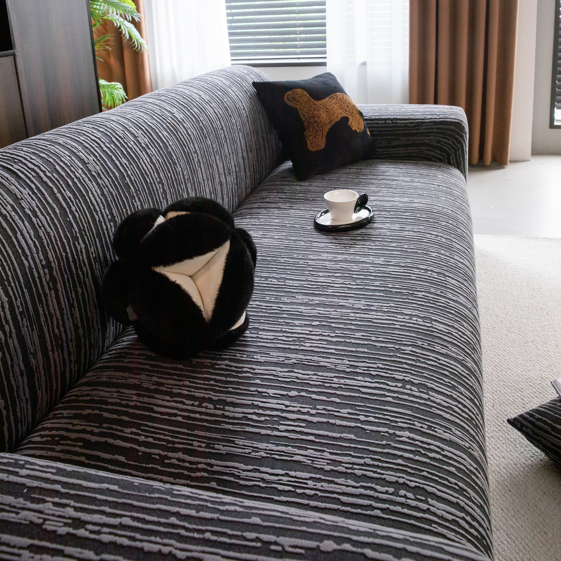 High Stretch Couch Slipcover with Abstract Stripe, Washable Non-Slip Cover for Dogs