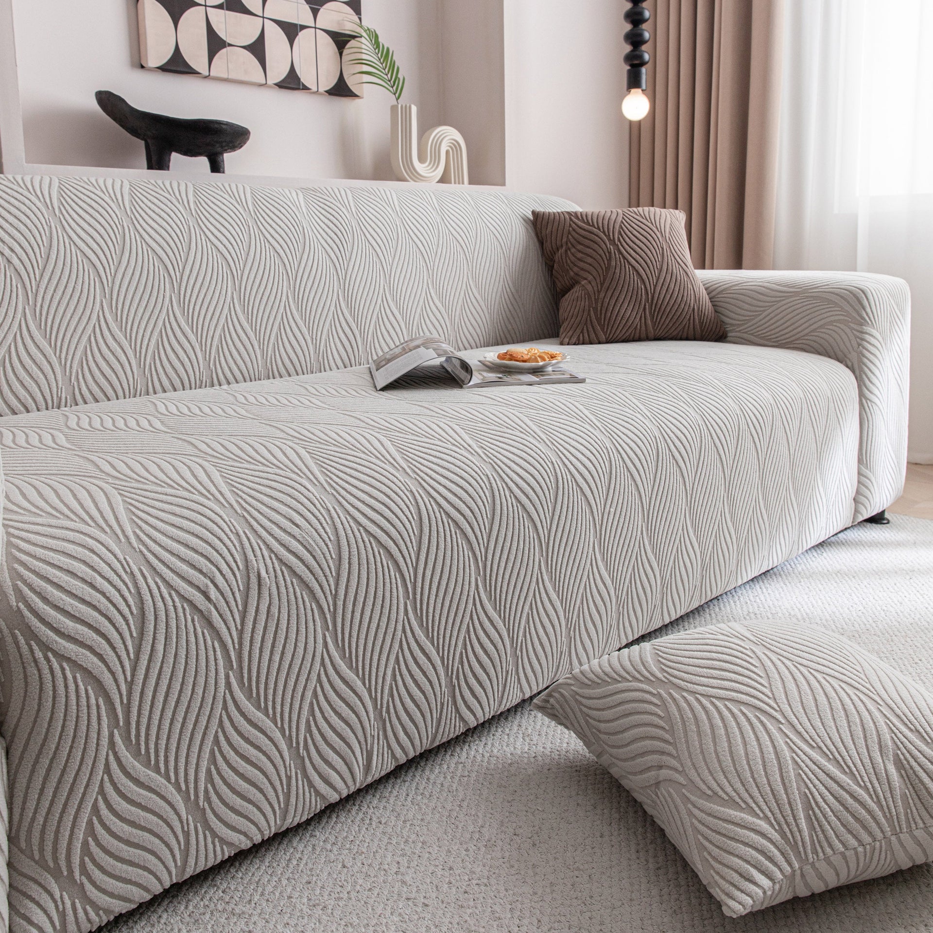 Modern Wavy Jacquard Sofa Slipcover, High Stretch Sofa Cover with 3D Organic Texture