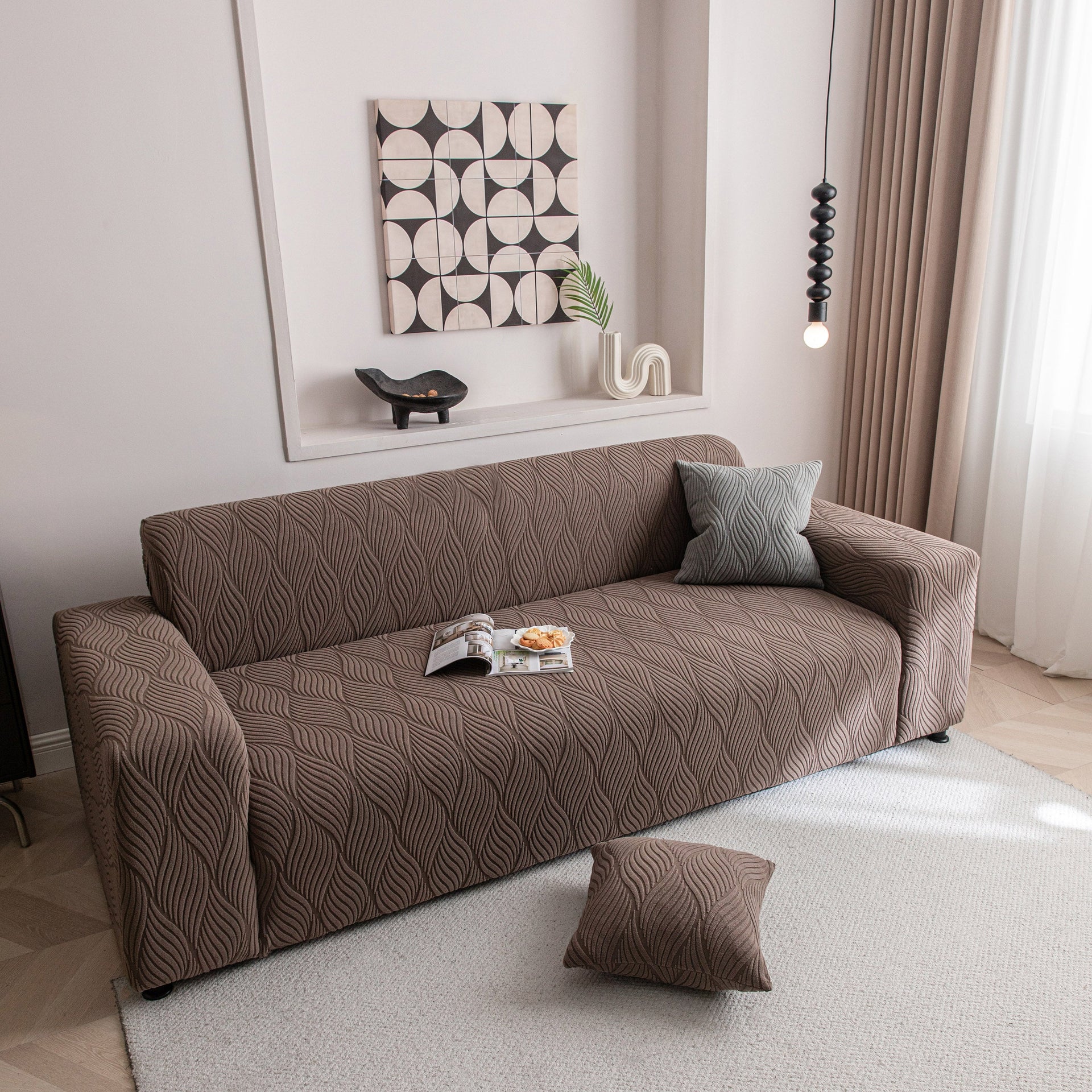 Modern Wavy Jacquard Sofa Slipcover, High Stretch Sofa Cover with 3D Organic Texture