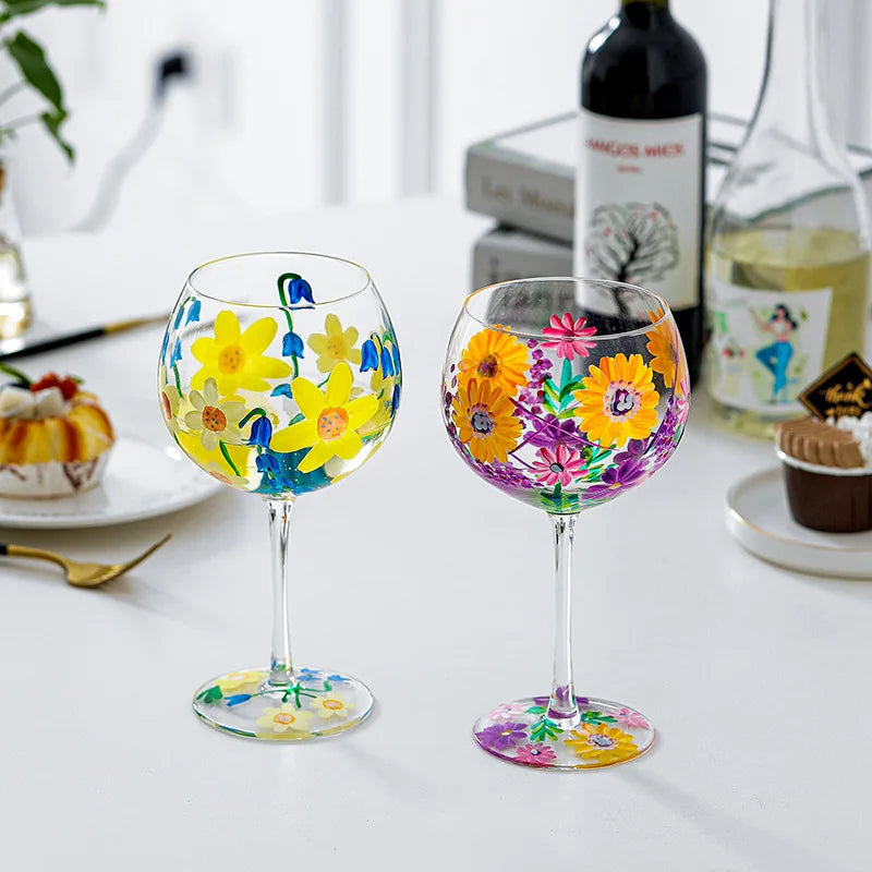 Nordic Colored Glass Wine Glasses Creative Hand-Painted Flowers Wine Glass Household Painted Goblet Crystal Champagne Drinkware