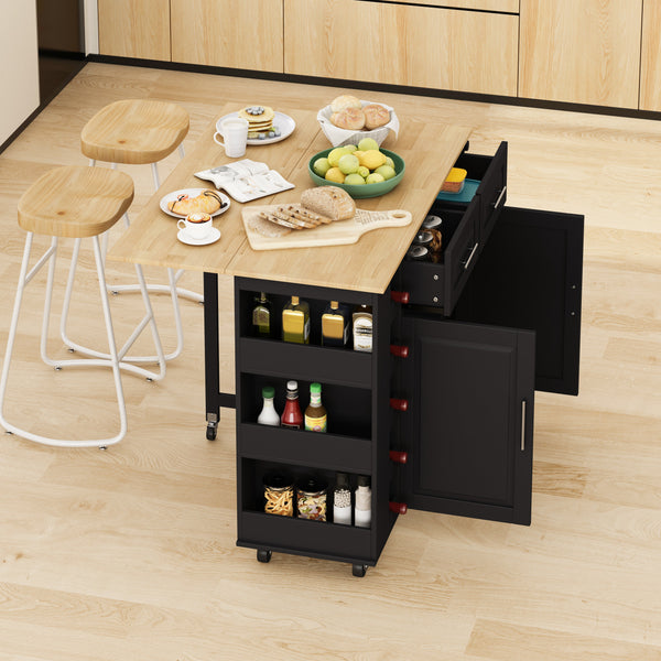 Multi-Functional Kitchen Island Cart with 2 Door Cabinet and Two Drawers,Spice Rack, Towel Holder, Wine Rack, and Foldable Rubberwood Table Top (Black) V.I.P Digital Presence