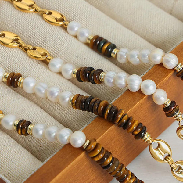 Versatile Light Luxury Titanium Steel Freshwater Pearl Tiger Eye Stone Pig Nose Chain Necklace Jewelry for Women