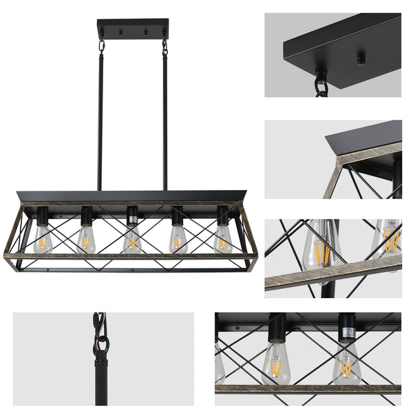 5-Light Farmhouse Chandeliers for Dining Room Metal Rustic Pendant Island Light  Modern Rectangular Island Lights (No Bulbs)