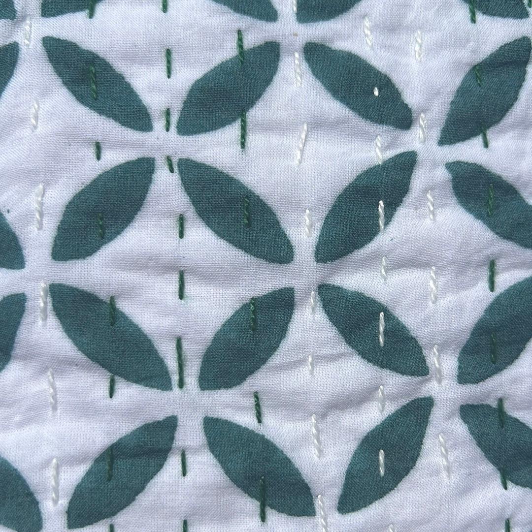Green Circle Petals Block Print Cotton Kantha Quilt (Events)