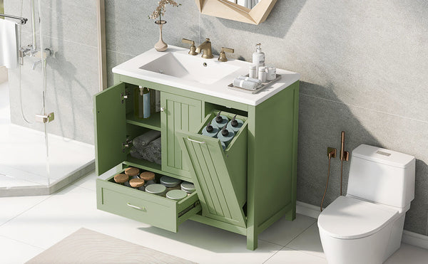 36 inch bathroom vanity with sink, one double door cabinet one large drawer and one flip drawer solid wood and MDF board, green