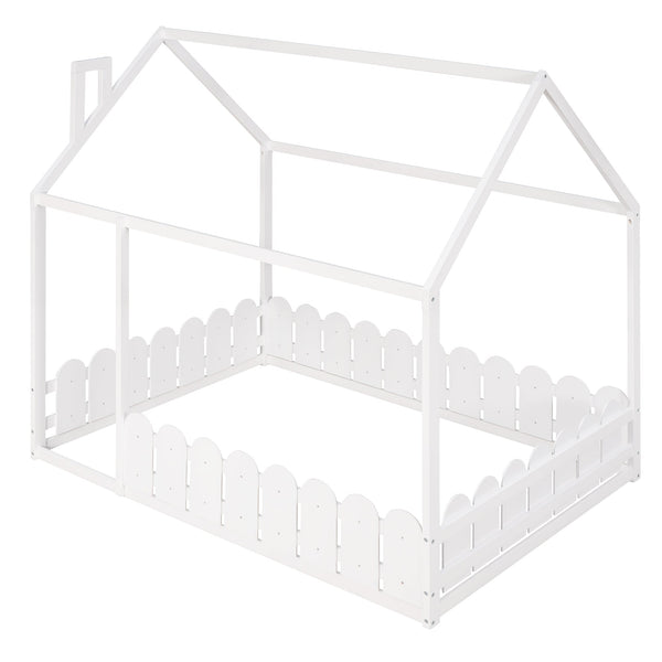 (Slats are not included) Full Size Wood Bed House Bed Frame with Fence for Kids Teens Girls Boys (White ) - Gifts for You 'n Me