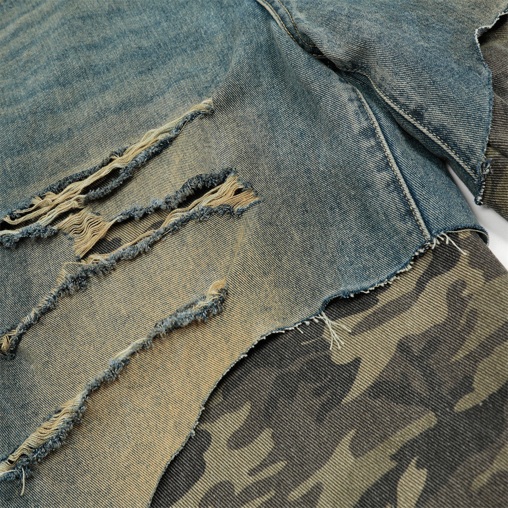 Post-Apocalyptic Style Distressed Patchwork Camouflage Seven-Quarter Denim Pants Men's Summer Fake Two-Piece Washed Frayed Hem Shorts