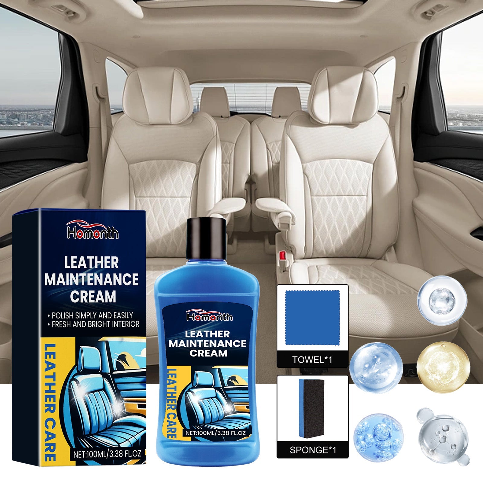 Leather Maintenance Cream, Car Seat Sofa Leather Cleaning Stains Refurbished Polish Cleaner