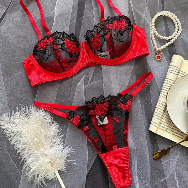 Underwear three-point sexy mesh embroidery perspective fun lingerie set women's T-pants temptation