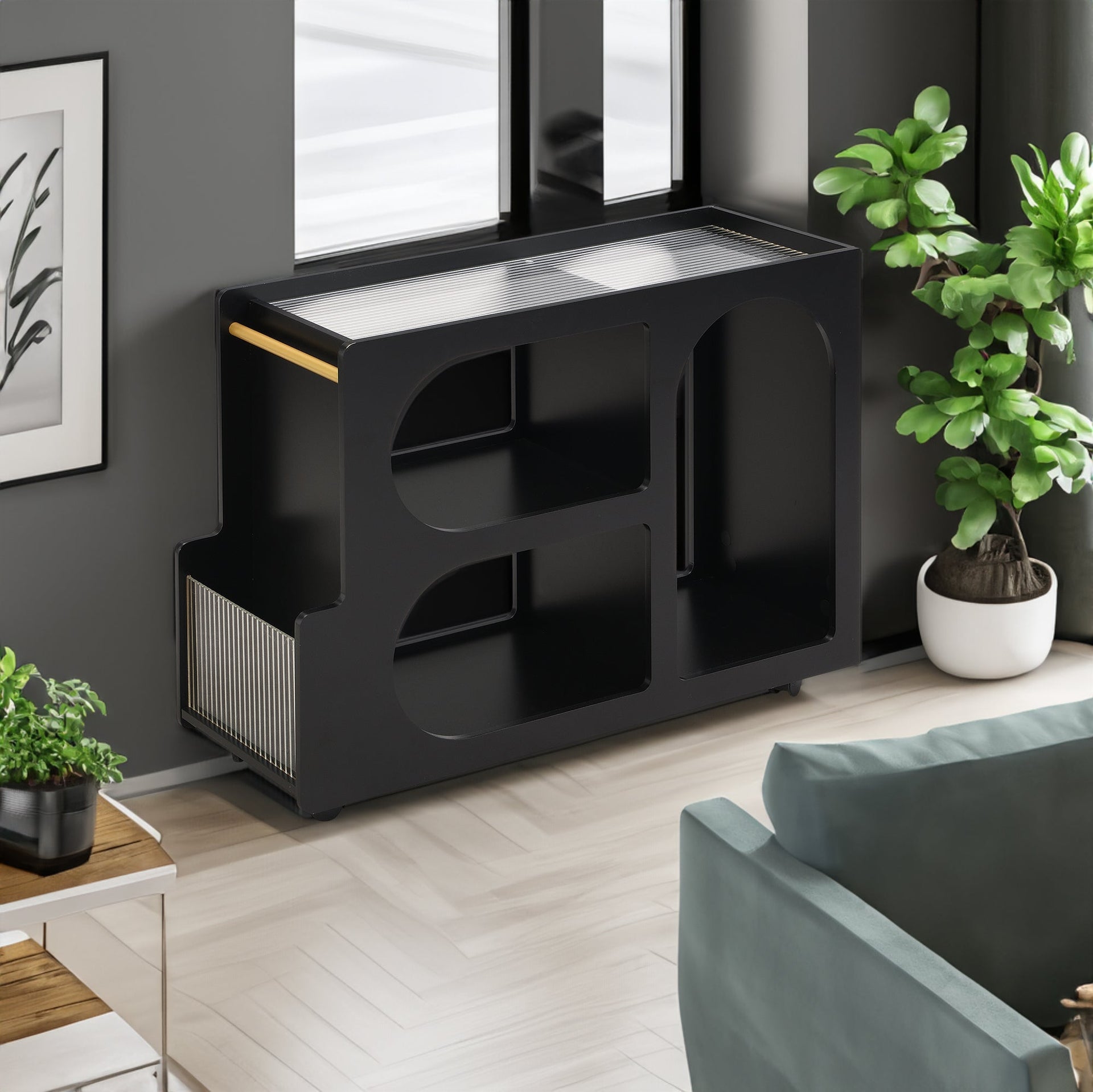 Stylish mobile desk with lockable wheels,bedside table with 5mm thick grooved tempered glass and gold round bars ，black