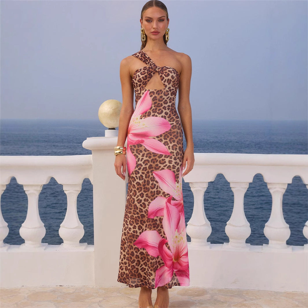Leopard Print Slim Sexy Backless Long Dress for Women