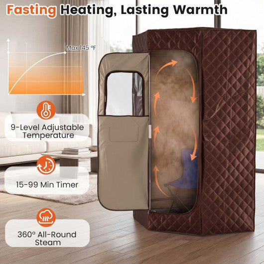3L Portable Steam Sauna for Home Fast-Heat with 9-Level Remote Control and Folding Chair-Brown
