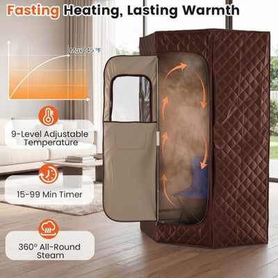 3L Portable Steam Sauna for Home Fast-Heat with 9-Level Remote Control and Folding Chair-Brown