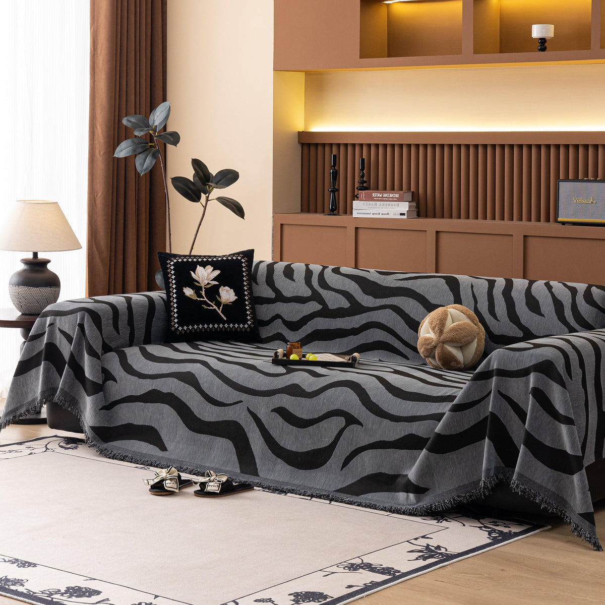 Zebra Striped Chenille Throw Sofa Cover Full-Cover Decorative Furniture Slipcover