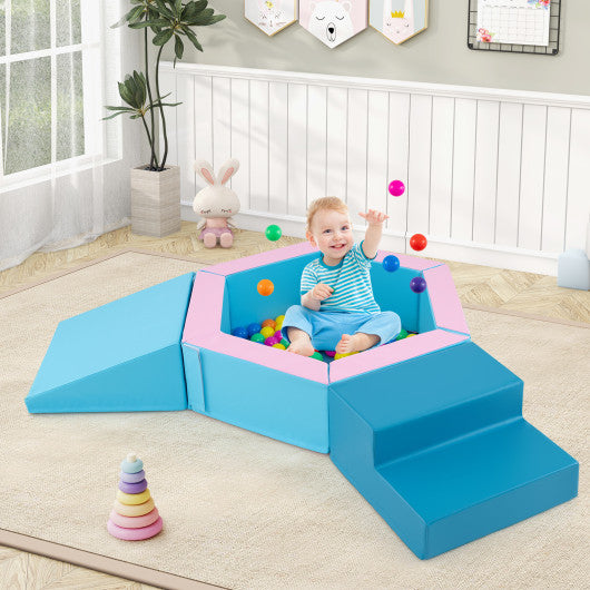 3-Piece Baby Foam Climbing Blocks Climb and Crawl Set with 100 Ocean Balls-Blue