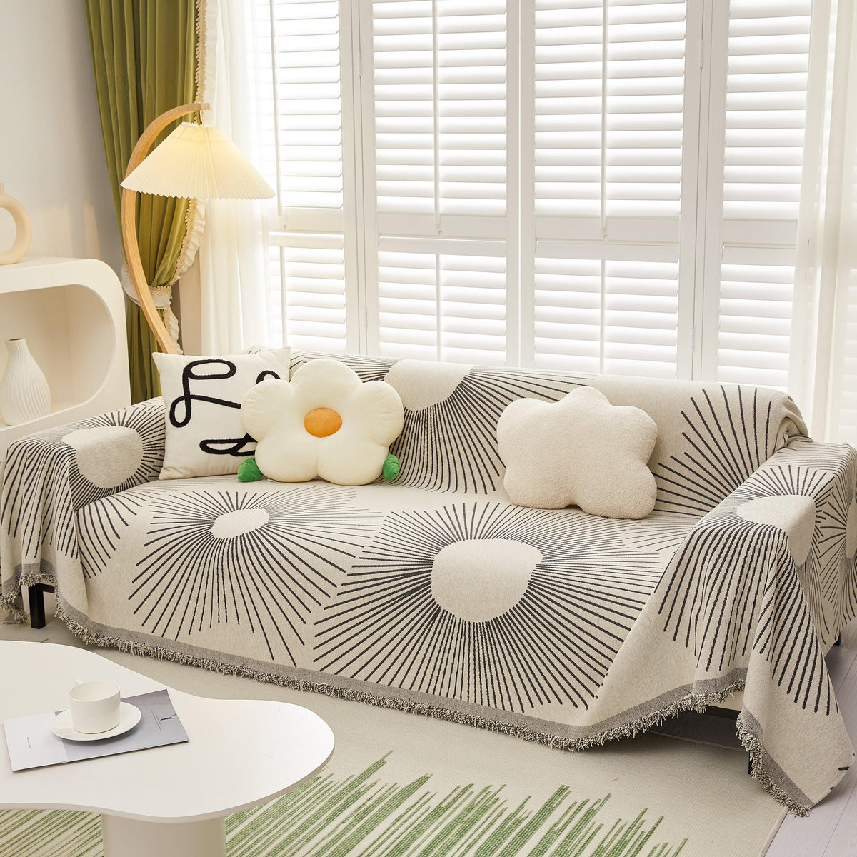 Geometric Radial Striped L-Shape Sofa Cover: Thick, Reversible Furniture Blanket for Kids and Pets
