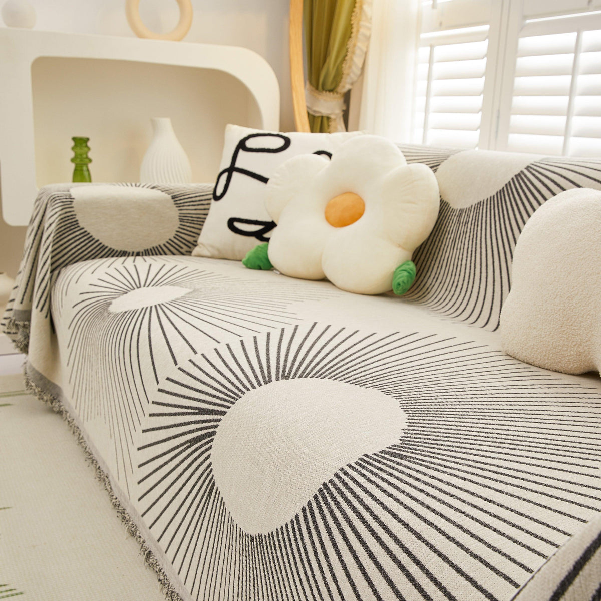 Geometric Radial Striped L-Shape Sofa Cover: Thick, Reversible Furniture Blanket for Kids and Pets