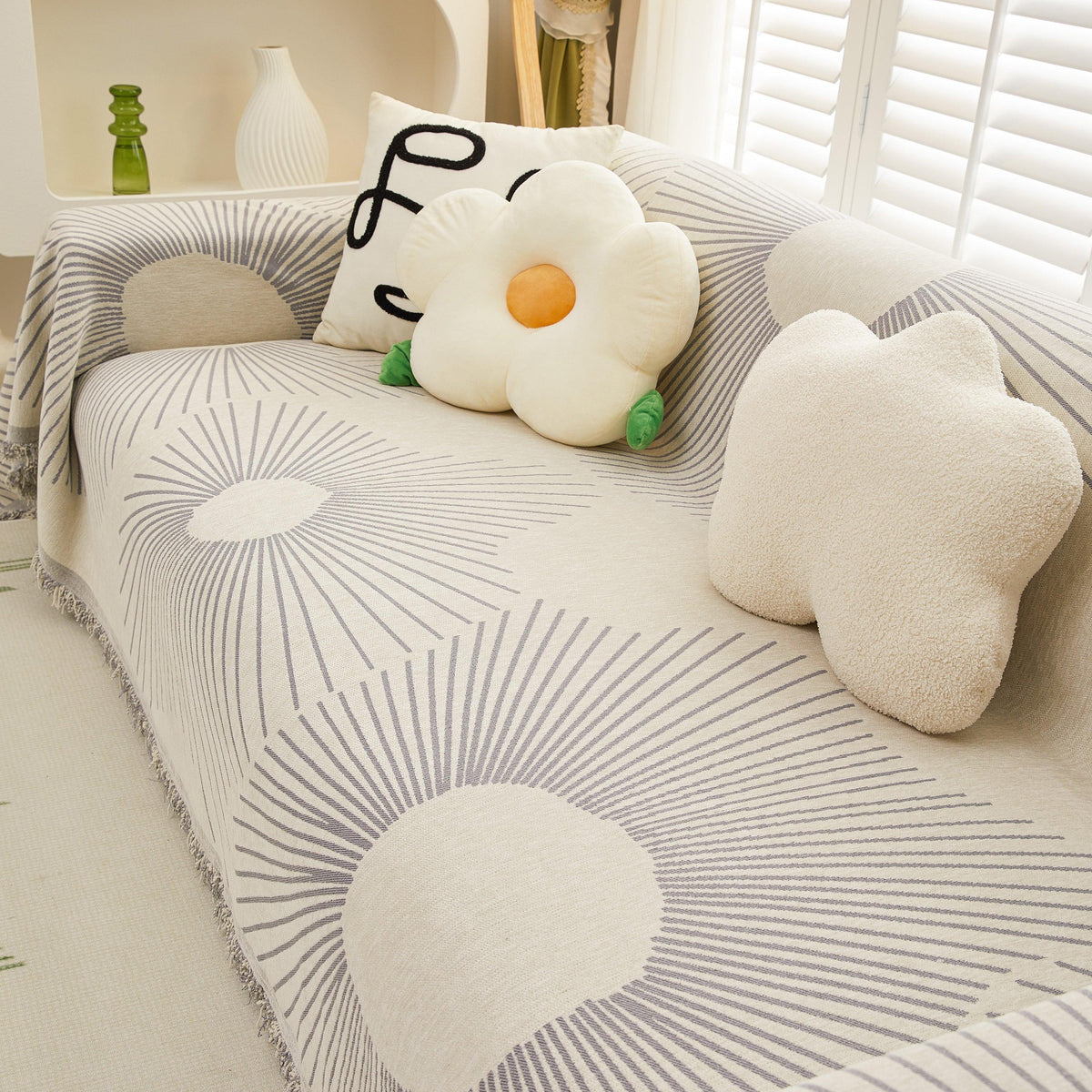 Geometric Radial Striped L-Shape Sofa Cover: Thick, Reversible Furniture Blanket for Kids and Pets