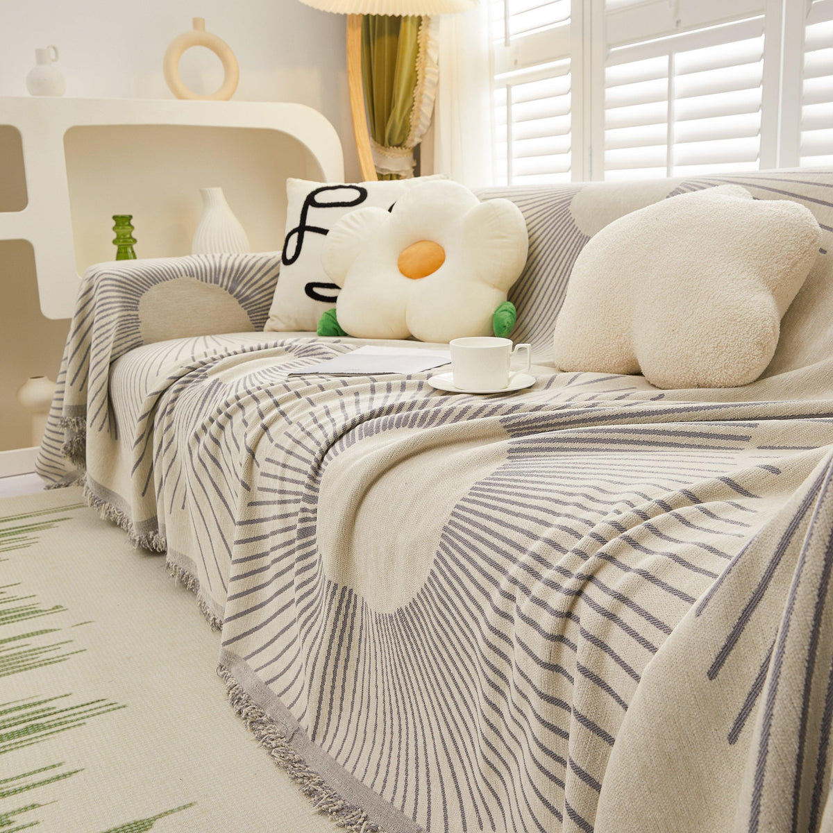 Geometric Radial Striped L-Shape Sofa Cover: Thick, Reversible Furniture Blanket for Kids and Pets