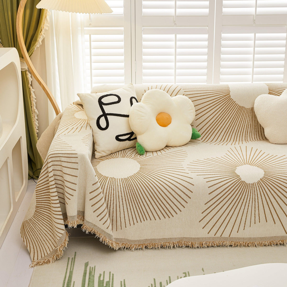 Geometric Radial Striped L-Shape Sofa Cover: Thick, Reversible Furniture Blanket for Kids and Pets