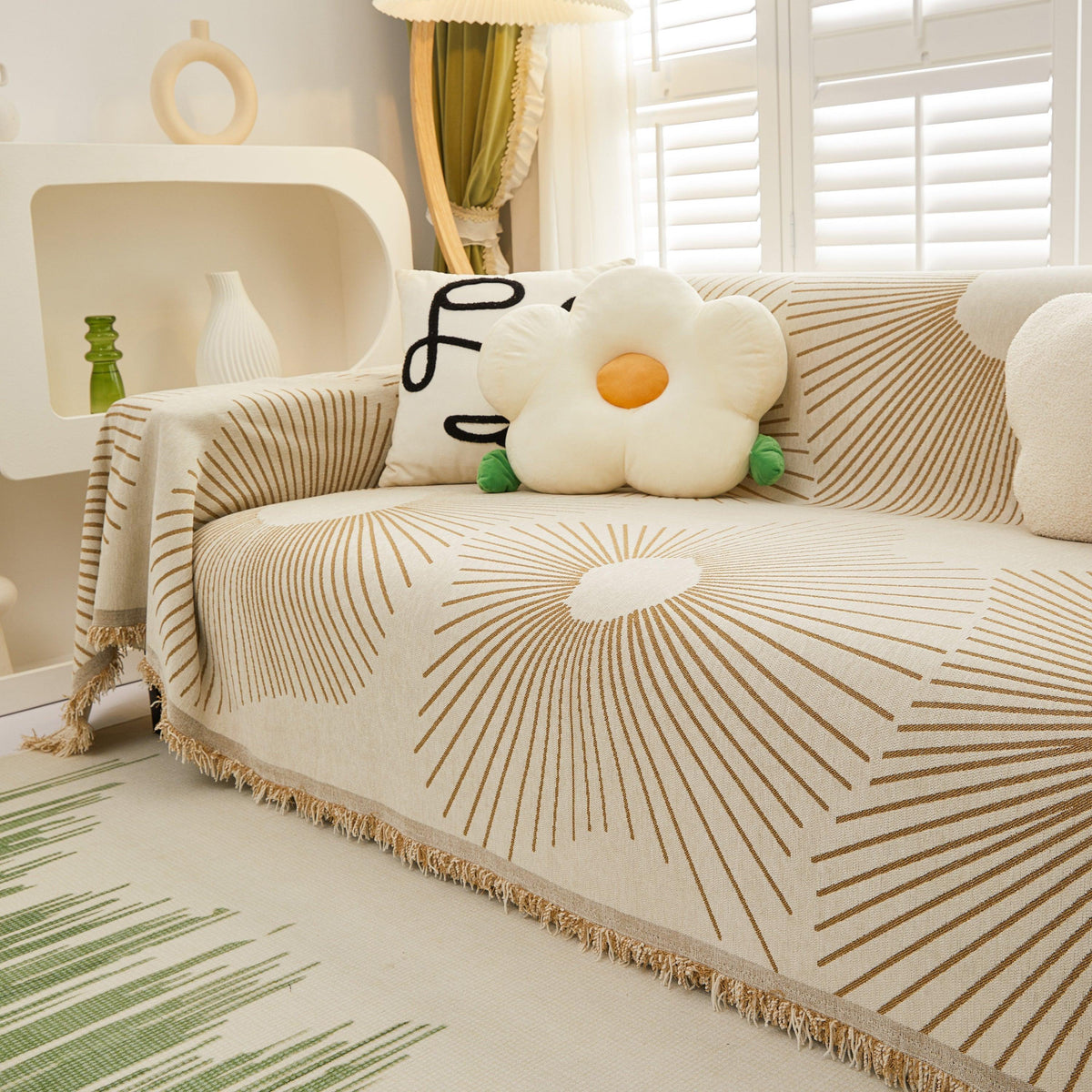 Geometric Radial Striped L-Shape Sofa Cover: Thick, Reversible Furniture Blanket for Kids and Pets