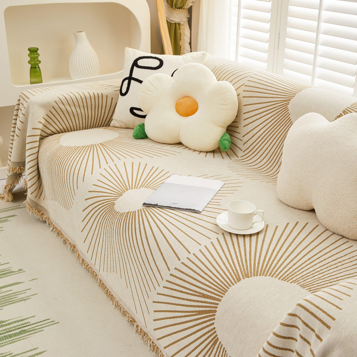 Geometric Radial Striped L-Shape Sofa Cover: Thick, Reversible Furniture Blanket for Kids and Pets