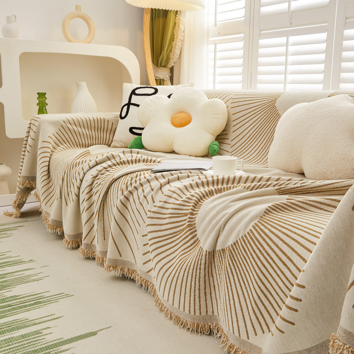 Geometric Radial Striped L-Shape Sofa Cover: Thick, Reversible Furniture Blanket for Kids and Pets