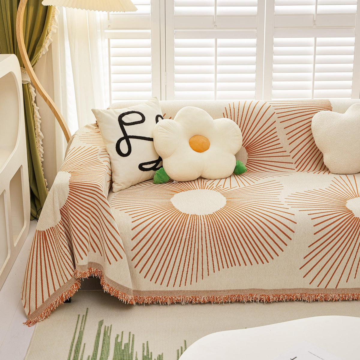 Geometric Radial Striped L-Shape Sofa Cover: Thick, Reversible Furniture Blanket for Kids and Pets