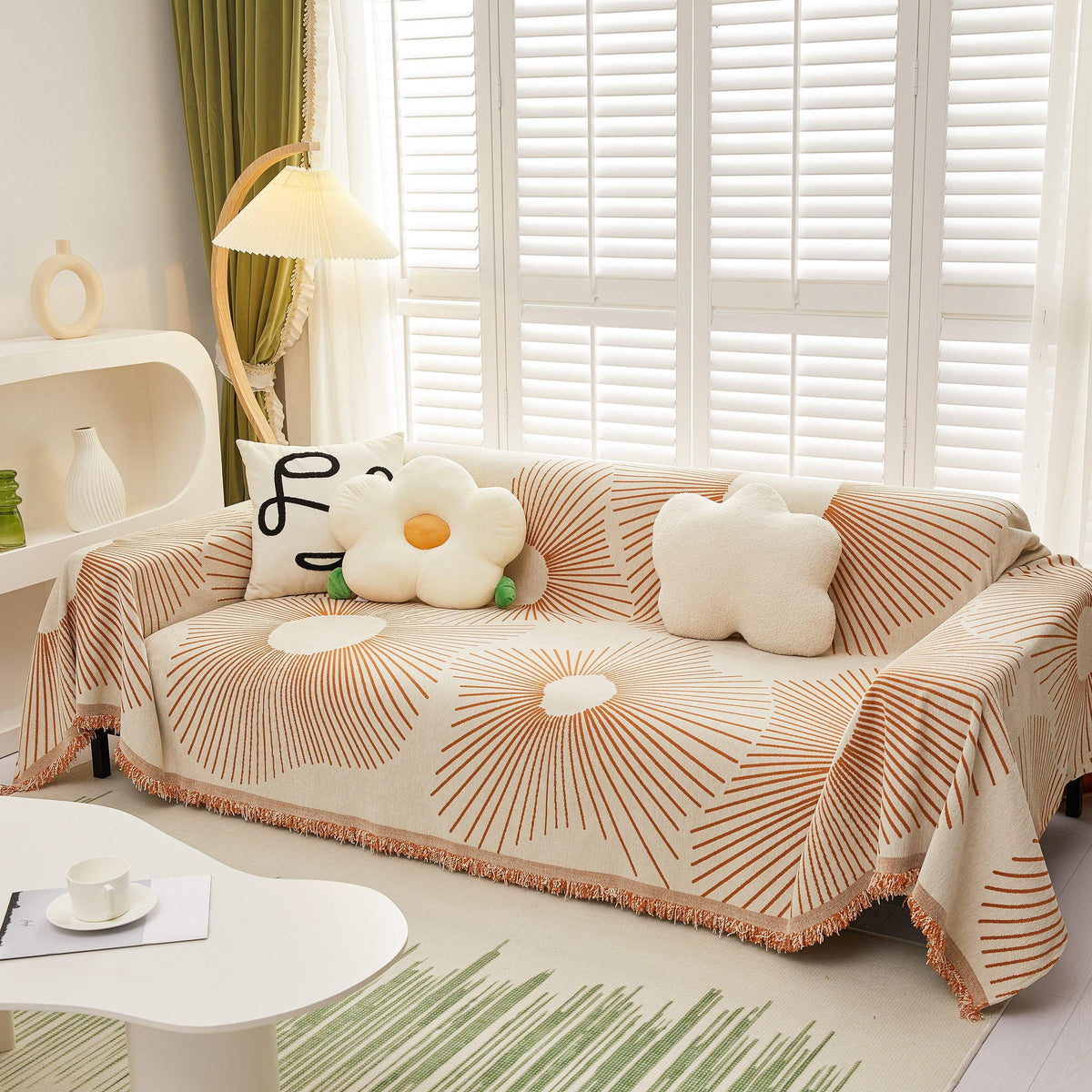 Geometric Radial Striped L-Shape Sofa Cover: Thick, Reversible Furniture Blanket for Kids and Pets